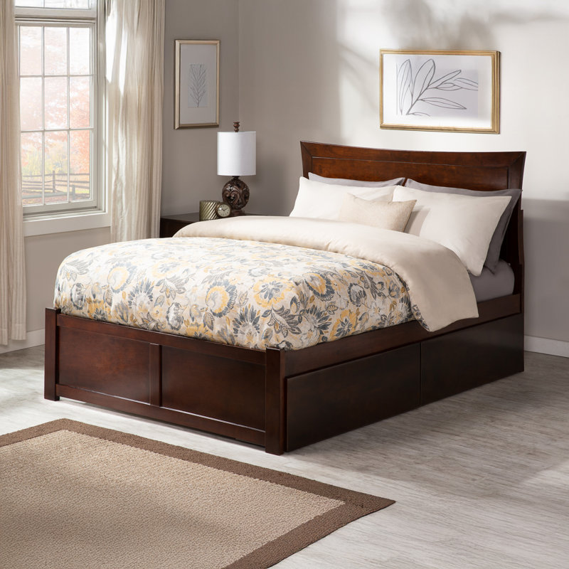 Flagg Solid Wood Storage Platform Bed with Footboard and Under Bed Drawers, Walnut, Full