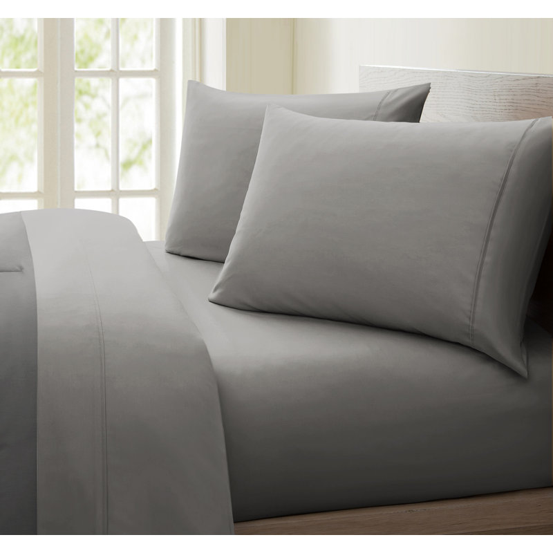 Ensemble de draps en coton de qualité égyptienne 600 fils, Gris, Double + deux taies d'oreiller standard