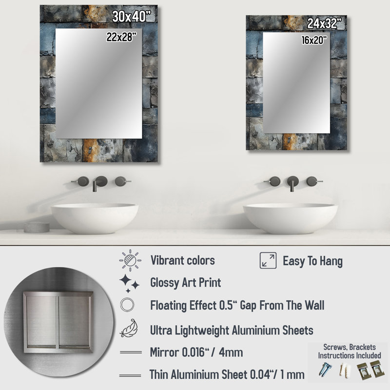 Hedya Industrial Concrete Wall Illusion - Brick  Mirror, Graphic Print Decorative Wall Mirror, Printed Metal Art, 32" x 24"