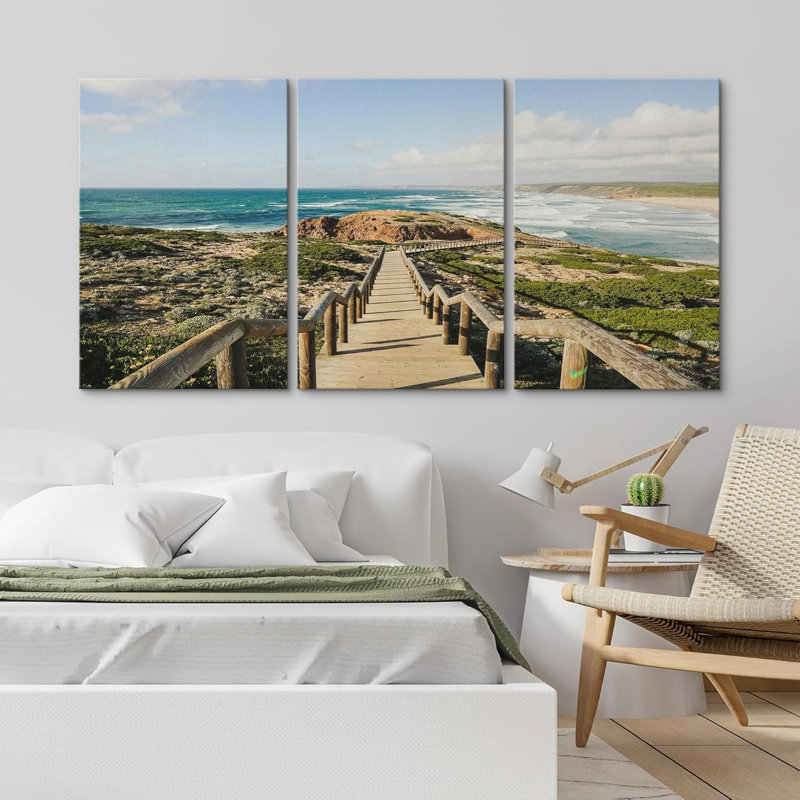 Coastal Boardwalk View Scenic Ocean Path Photographie Réalisme Décor de paysage, Toile tendue, H 24 po x l 48 po