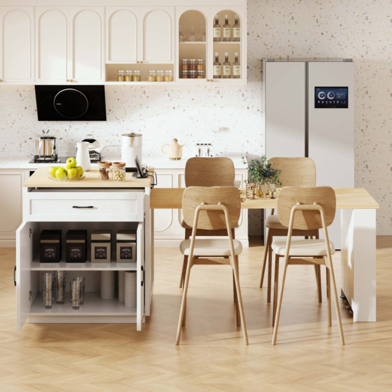 Îlot de cuisine avec table de salle à manger extensible pour 4 à 6 personnes, table de cuisine bicolore avec rangement double, prise de courant, îlot de cuisine avec rangement 2 tiroirs et 2 tablettes latérales ouvertes