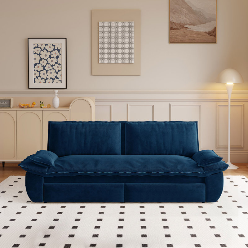 Grand canapé-lit escamotable 3 en 1 de 73,2 po avec 2 coussins moelleux et causeuse en velours, Velours bleu marine
