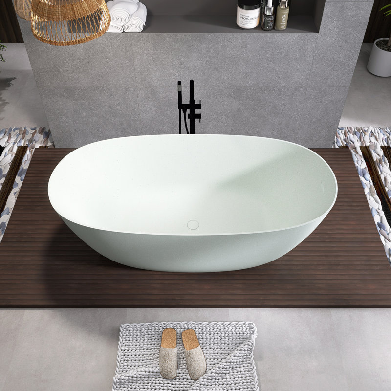 61'' Modern Freestanding Bathtub Resin Stone Soaking Bathtub Solid Surface Tubs With Overflow And Pop-Up Drain,Turquoise Green