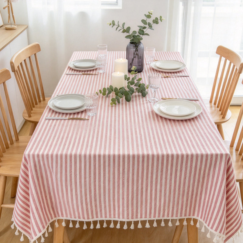 Red Square Striped Cotton Tassel Tablecloth - Dust-Proof Dining Decor