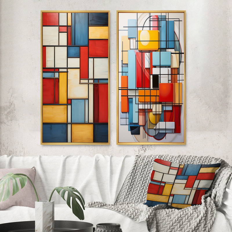 Abstraction géométrique «Composition géométrique» 2 pièces, Encadrement doré, H 20 po x l 24 po