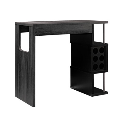 Poste de travail bar gris et noir patiné avec compartiment pour verres à vin et trois tablettes pour un bar de divertissement, une fente de table pratique