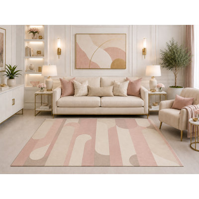 "Ultra léger" 5 pi x 7 pi Tapis abstrait moderne rosé, crème et beige, motif géométrique incurvé pour le salon, la chambre à coucher, la chambre de bébé, la salle à manger, le bureau, le dossier en silicone antidérapant et le velours