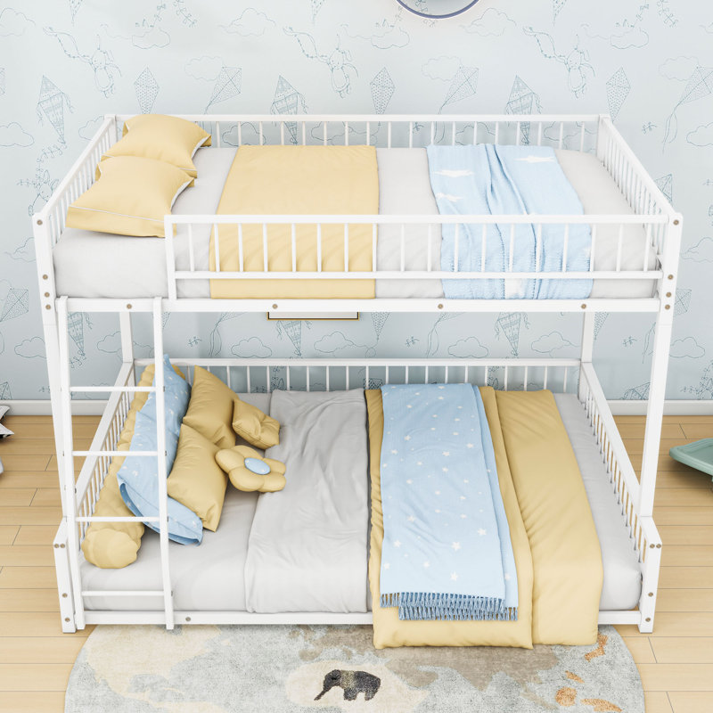 Metal Floor Bunk Bed With Ladder And Guardrails, Full XL over Queen, White