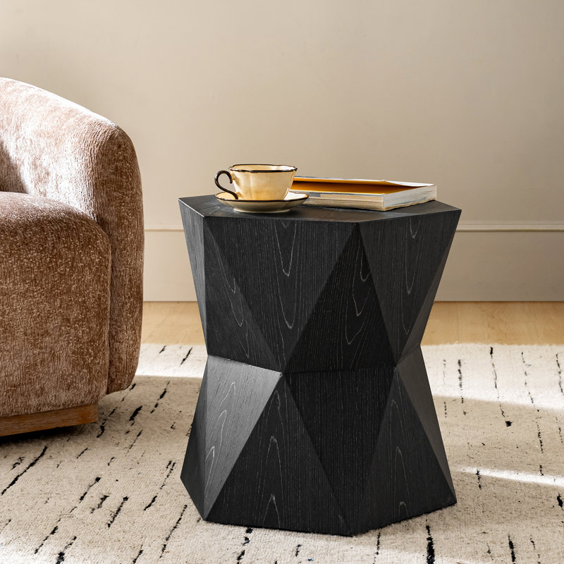 Nikolaus Modern Octagonal End Table with Sculptural Geometric Base and Veneer Finish, Black