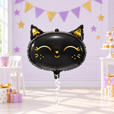 Ballon en forme de visage de chat noir avec détails dorés, anniversaire de chaton et décoration de fête