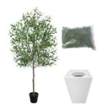 Paislee Artificial Olive Tree, Faux Olive Tree with Tall White Planter, Realistic Leaves