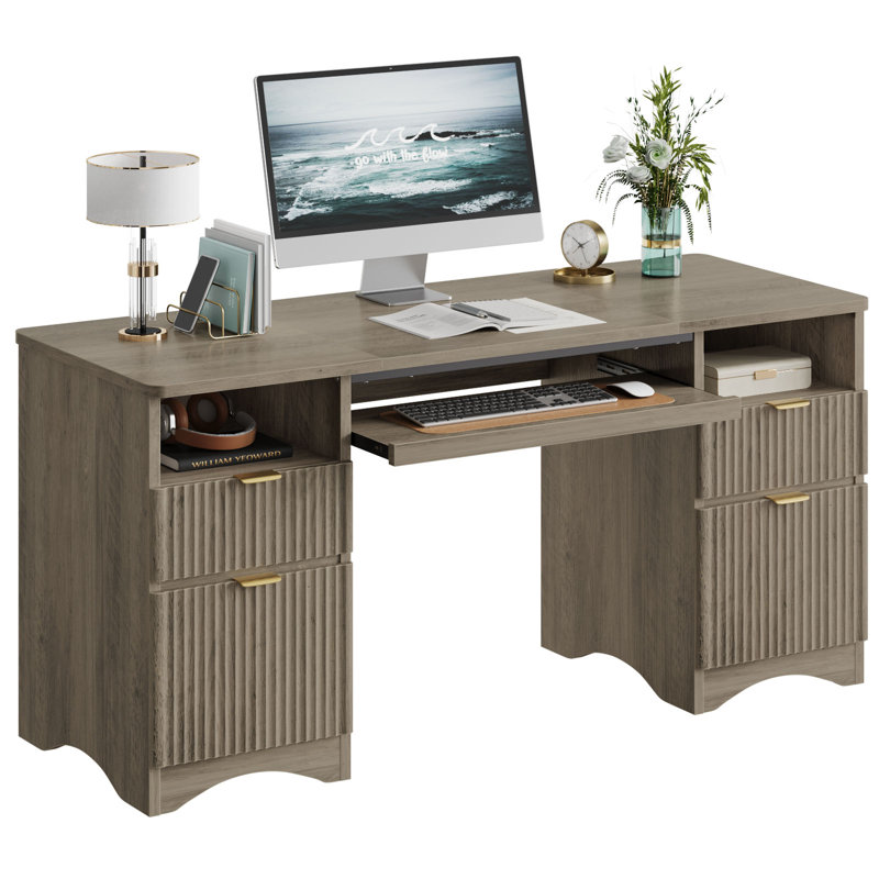 150CM Fluted Executive Desks with 2 Open Compartments, File and Storage Drawers, Computer Writing Desk with Keyboard Tray
