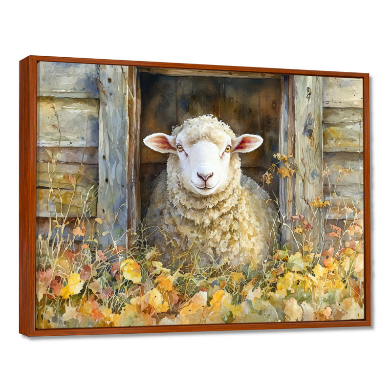 Dulinsky Sheep Floral Portrait At The Barn - Sheep Large, art mural, Brun, H 12 po x l 20 po, Impression encadrée flottante