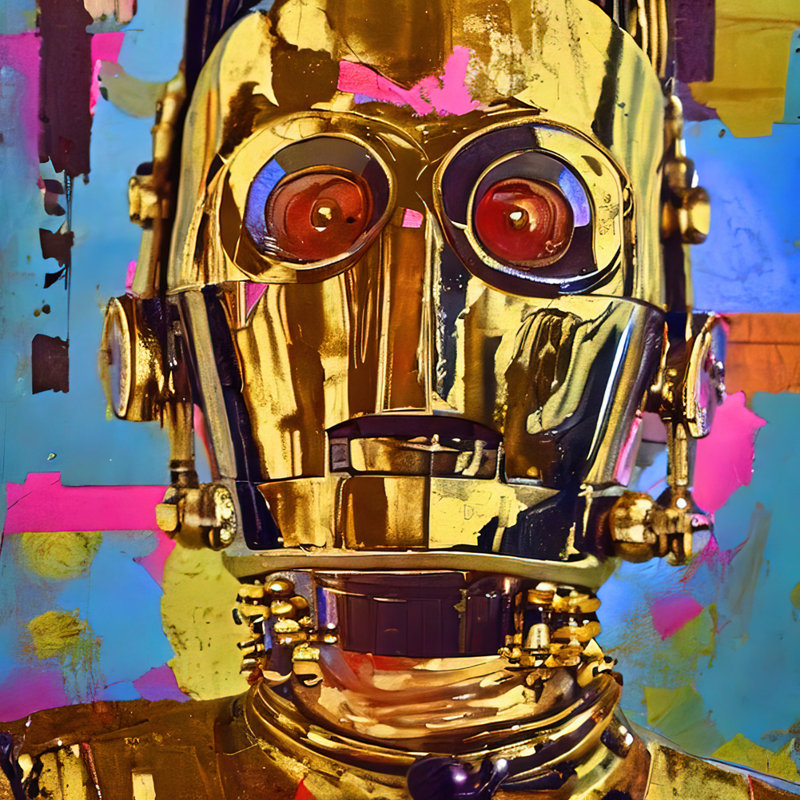 «C3PO Three» par Stephen Chambers - peinture sur toile tendue, H 30 po x l 30 po x P 1,5 po