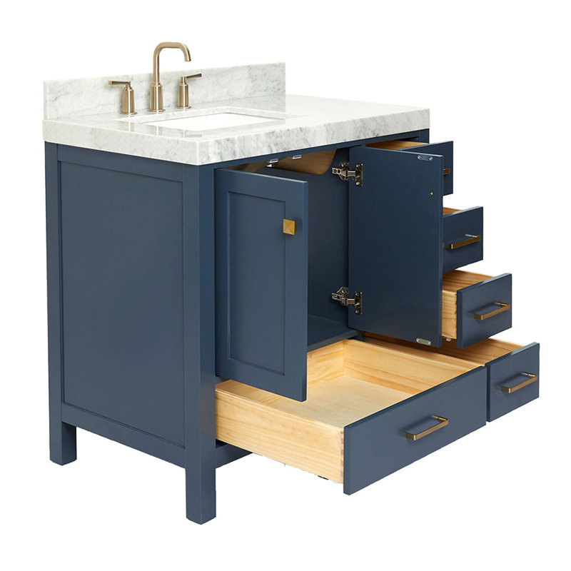 Ariel Cambridge 36 In. Left Offset Vanity With 2 In. Carrara Marble Countertop, Satin Brass, Midnight Blue