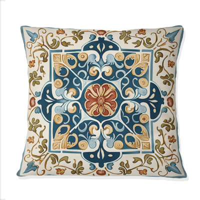 Carreaux de style méditerranéen en bleu rétro - coussin décoratif imprimé de carreaux abstraits