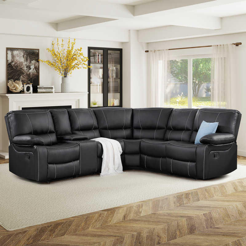 105.8'' Wide Vegan Leather Manual Reclining Sectional With Storage & Cupholder, Black
