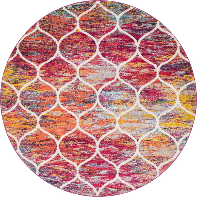Tapis géométrique Llanet, Rond 7 pi 1 po, Multi Red