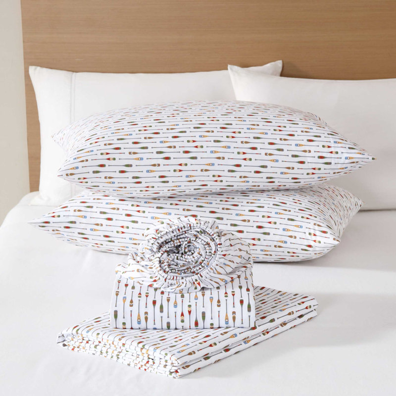 Eddie Bauer Canoe Lake Paddle White Temperature Regulating Sheet Set, Full Sheet Set with 4 Pillowcases,  Green Red
