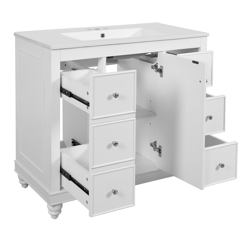 Ensemble de meuble-lavabo moderne avec lavabo en céramique 36 po x 18,3 po x 34,1 po, 4 tiroirs et 1 porte, rangement polyvalent, tablette réglable, cadre en bois massif et panneau de fibres à densité moyenne (ancien SKU: SV000016AAK-1)