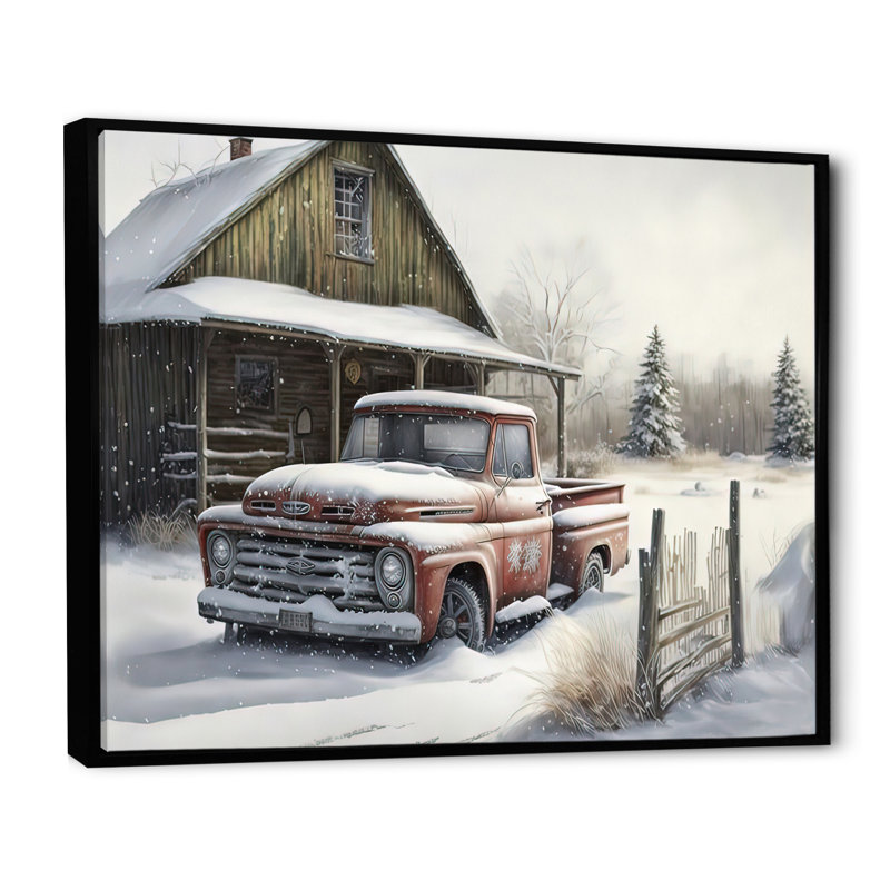 «Old Truck at the Barn in Winter I», peinture sur toile, H 16 po x l 32 po x P 1 po, Toile avec cadre flottant noir