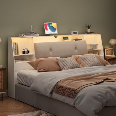 2 in 1 Bookcase Headboard With Charging Station & 2 Led Lights,Removeable Upholstered Panel