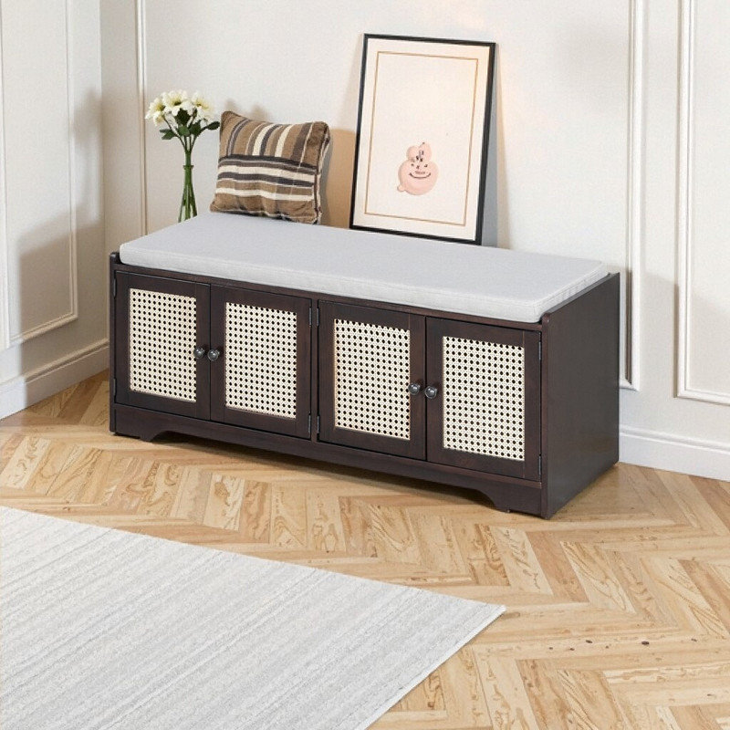 Banc de rangement d'entrée rustique de 47,4 pouces avec portes en rotin tissé, tablettes réglables et coussin amovible