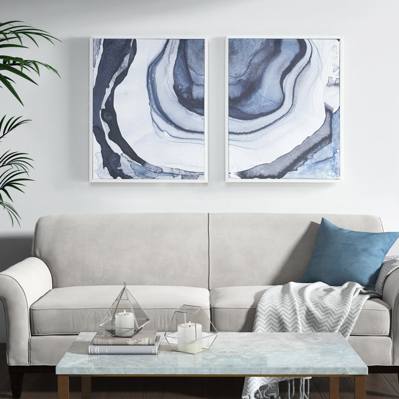 Art mural sur toile - Un motif abstrait bleu et blanc rehausse la création d'un décor de salon qui rehausse l'esthétique de la chambre à coucher