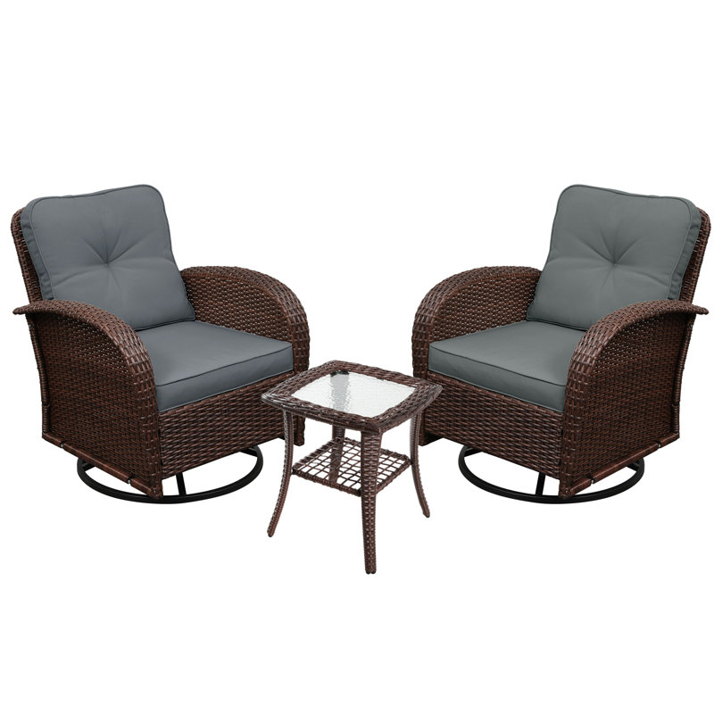  Chaises pivotantes en osier 3 pièces avec coussins gris foncé, Gris