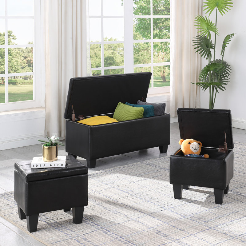 Banc de rangement rembourré Bryne, Similicuir noir, Faux cuir noir - joint incorrect