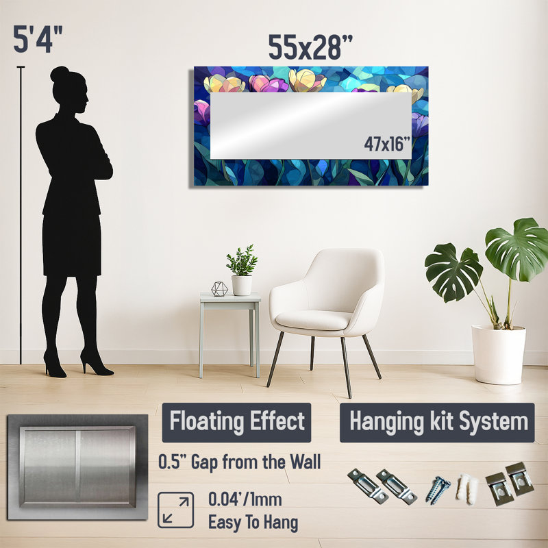 «Blue Velvet Sky Tulips Field» - art mural miroir floral - imprimé sur métal, 28" x 55"