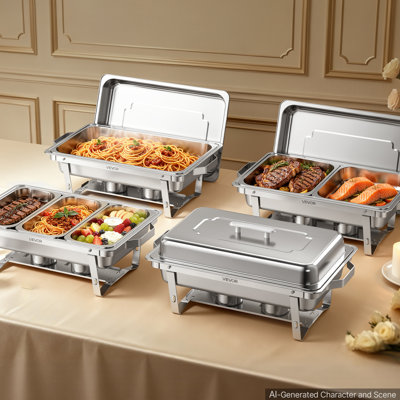 Ensemble de 4 réchauds à buffet pour ensemble de buffet, chanfrein en acier inoxydable de 9 pintes, pour banquet de mariage, réchaud à buffet rectangulaire, 2 casseroles doubles et 2 demi et 3 grandes, support à carburant, pince, support en verre