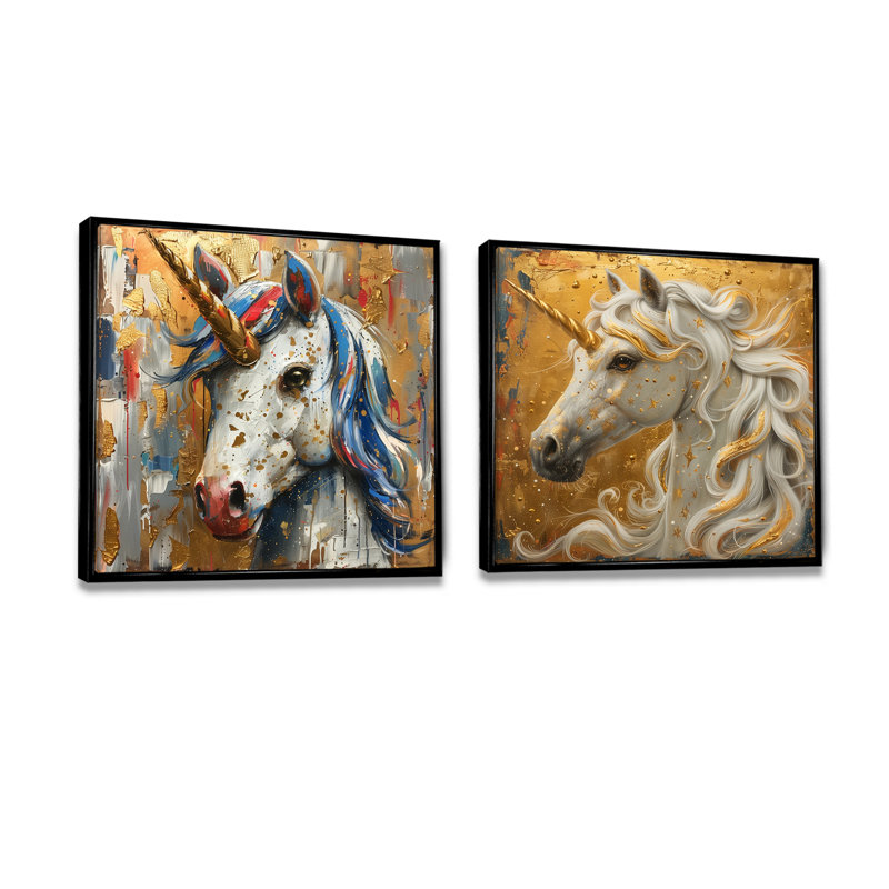 Licorne blanche et dorée scintillante I - art mural licornes - décoration murale moderne 2 pièces, H 16 po x l 33 po, Noir