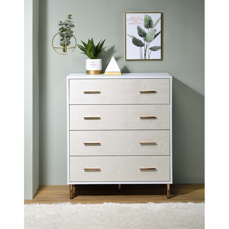 Commode 3 tiroirs, Blanc / champagne / or