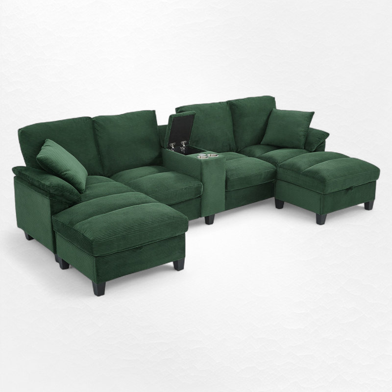 U-Shaped Upholstered Sectional Sofa With Storage And USB Ports, Green Corduroy