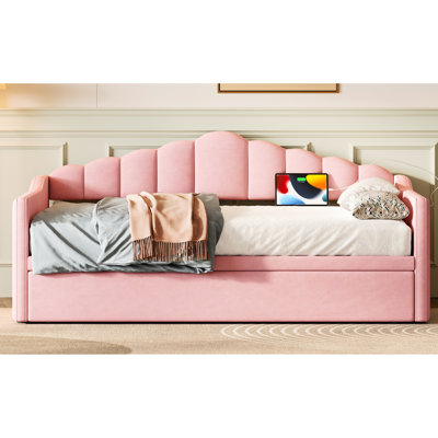 Upholstered Twin Pink Day Bed With Pull - Out Trundle, Left Side Charging, And Two End Pockets Height Adjustable & Type C Charging Feature, For Small Items