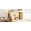 Lit mezzanine pleine grandeur de couleur beige, avec escalier latéral, tablettes ouvertes et coiffeuse de couleur beige, avec rangement intégré, rangement-929948798