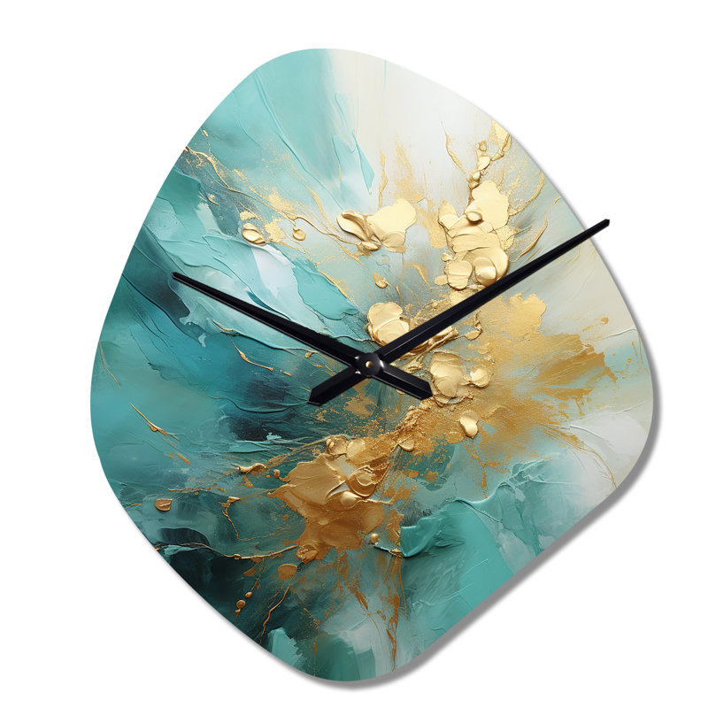 Or et sarcelle aurore harmonie II - spirales abstraites horloge murale en métal de forme irrégulière, horloge murale asymétrique moderne