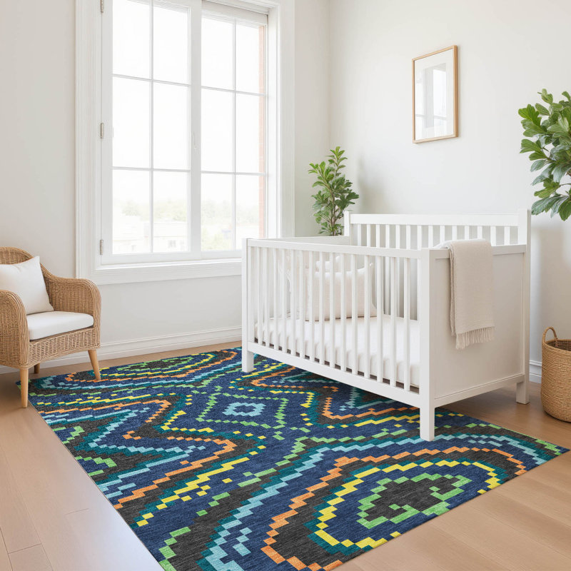 Machine Washable Indoor/Outdoor Chantille ACN2829 Kids Rug, 3' x 5', Navy