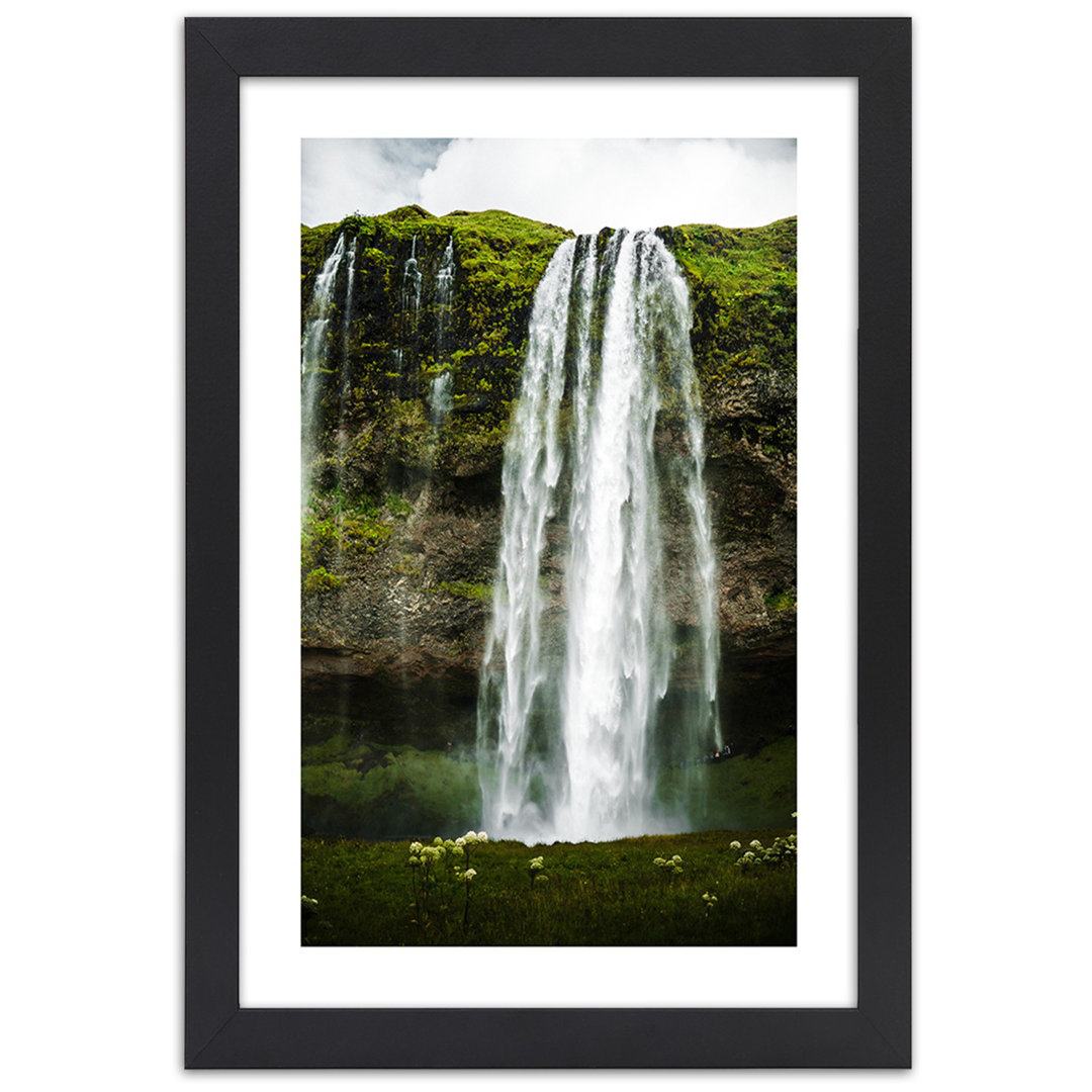 Gerahmter Grafikdruck, Wasserfall Wald Natur Berg