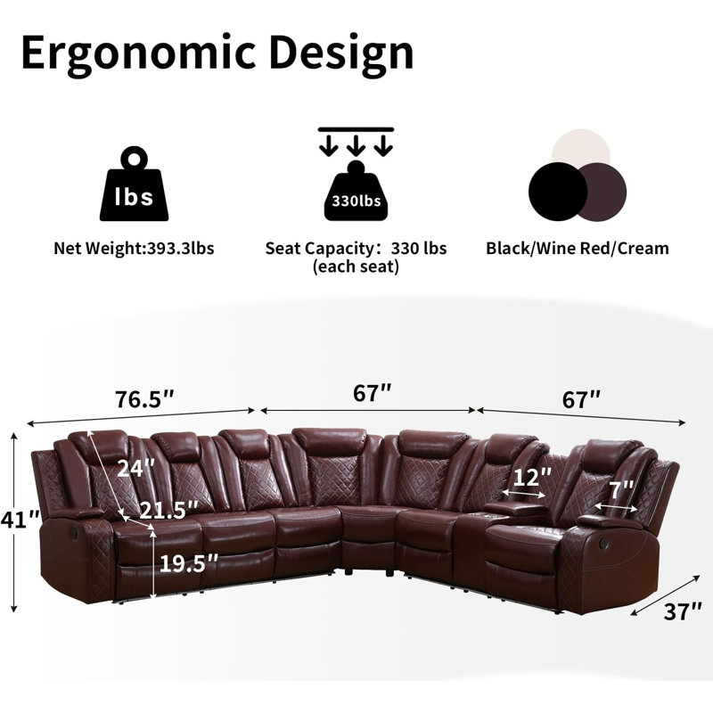Canapé modulaire inclinable électrique 3 pièces avec éclairage DEL et ports USB, Red Brown Faux Leather