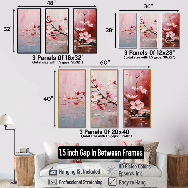 Cerisier blanc et rose Bloom IV - art mural cerise, H 28 po x l 36 po x P 1 po, Cadre flottant noir