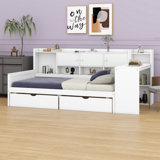 Wooden L-Shape Daybed With Seven Storage Cabinets,Two Storage Drawers,Study Desk And Built-In Bookshelf