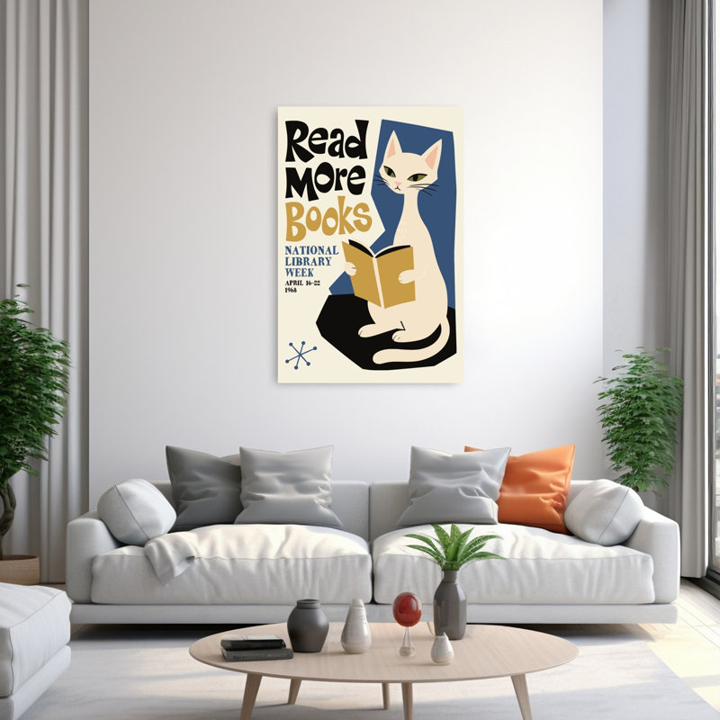 Affiche murale représentant un chat lisant, style classique moderne rétro du milieu du siècle., H 60 po x l 40 po