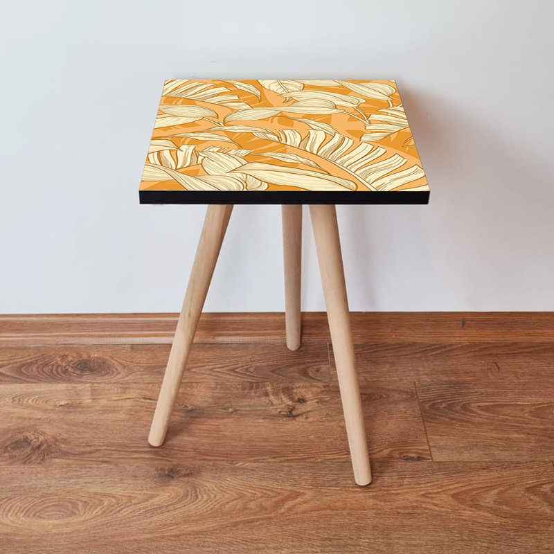 Table d'appoint moderne avec pieds en bois de hêtre, couleur jaune et crème, 13,8 po x 16,5 po x 13,8 po | 100% panneau de fibres à densité moyenne, épaisseur: 0,7 pouce | Parfait pour le salon et la chambre à coucher, conception florale élégante
