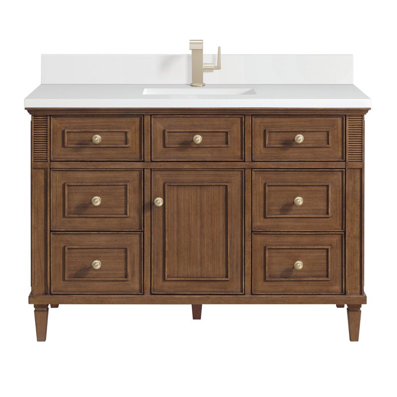 Lorelai 48'' Single Bathroom Vanity with Top, White Zeus Quartz, Mid-Century Walnut, Single-Hole