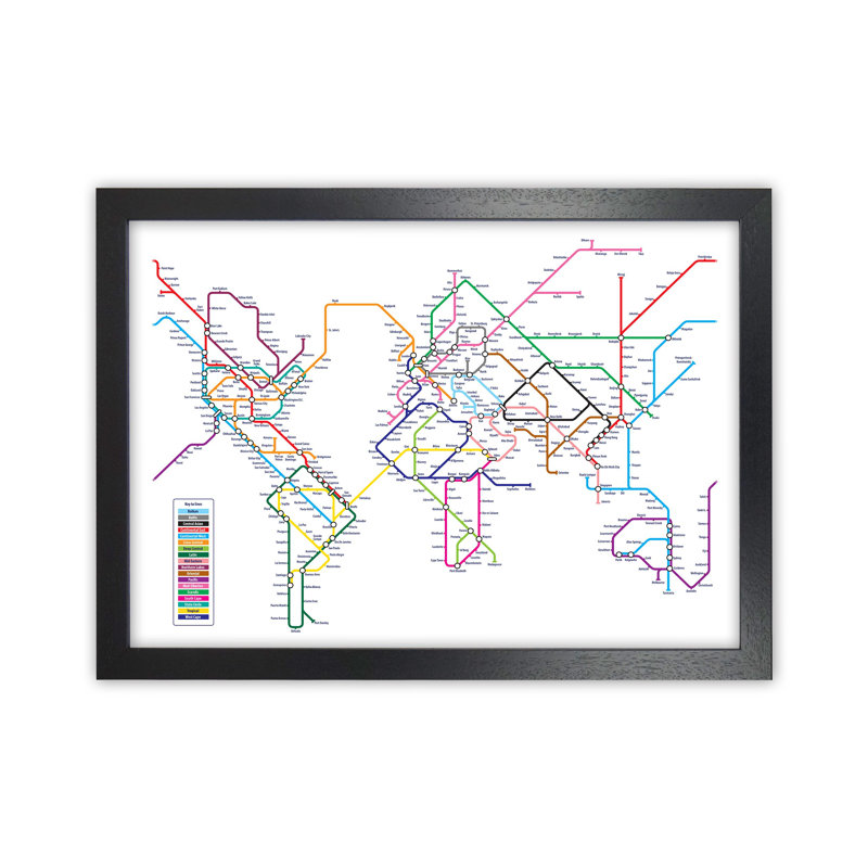 World Metro Map Underground by Michael Tompsett - Print, Black Framed, 46cm H x 63cm W x 3cm D