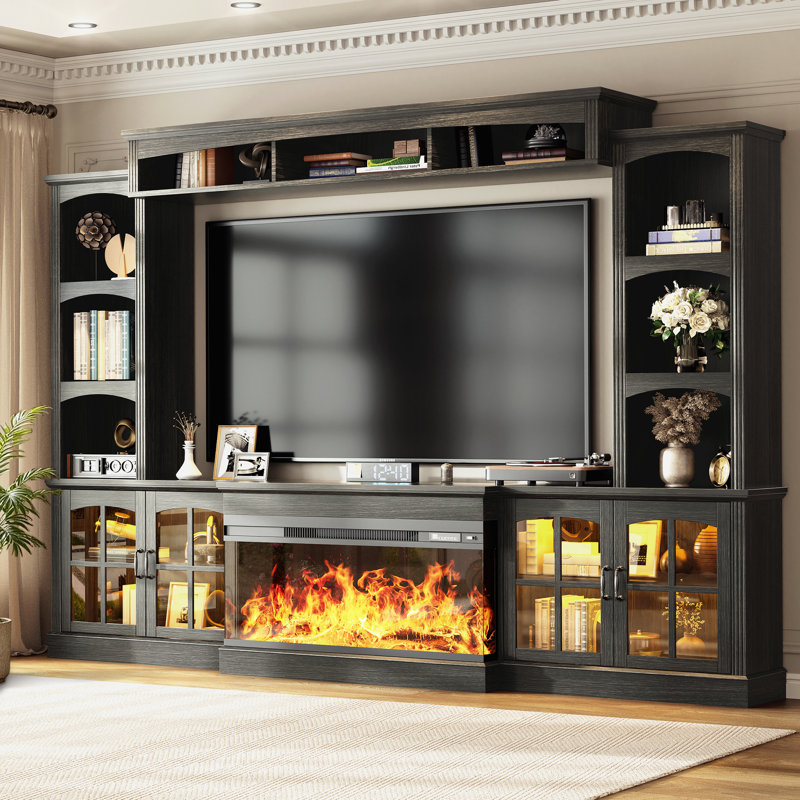 98" TV Stand with Electric Fireplace and Glass Cabinet, Adjustable Shelves & Cable Holes,  Farmhouse Wall Unit Entertainment Center With 3-Sided Electric Fireplace TV Stand For Tvs Up To 75", Black