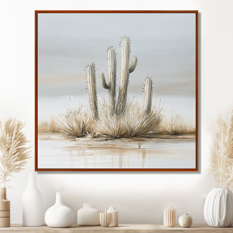 Cactus du désert brumeux - Tableau sur toile Cactus, H 30 po x l 30 po, Cadre flottant brun