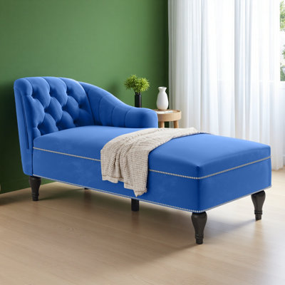 Méridienne en velours 58 po, accoudoir capitonné à boutons à droite avec garniture cloutée et pieds en bois massif pour salon ou bureau, canapé-lit